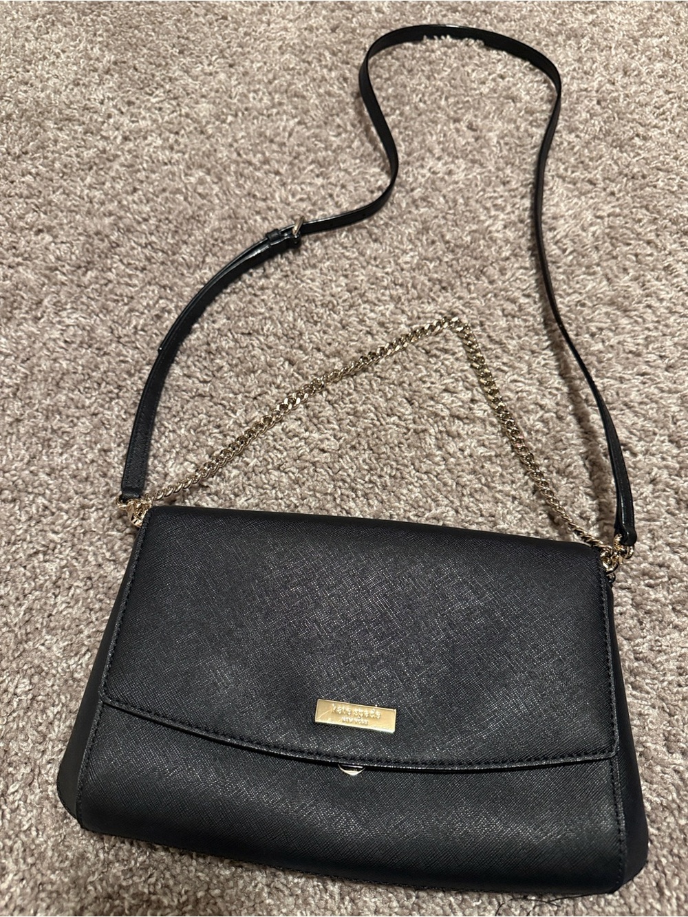 Kate Spade Convertible Black Crossbody Shoulder Bag with Gold Chain Accent